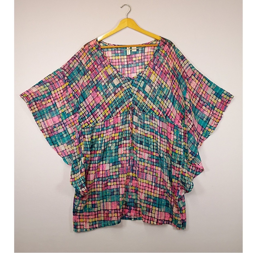 Boho Festival Palm Island Womens Small Multicolor Geometric Sheer Kaftan Top